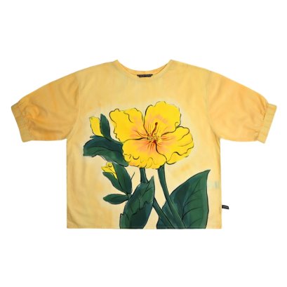 เสื้อผู้หญิงแขนยางยืด - สีครีม : ลายชบาซ่อนแสง  Woman Elastic Sleeve Blouse - Cream : The Sunny Hibiscus Glow