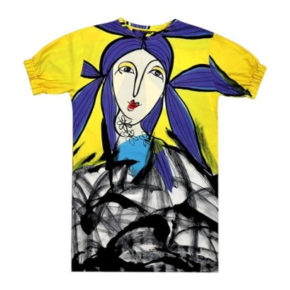 เดรสผู้หญิงทรงหลวมแขนยางยืด - สีเหลือง : ลายผู้หญิงผมสีม่วงกับแอปแสตรครอยผู้กันสีดำ