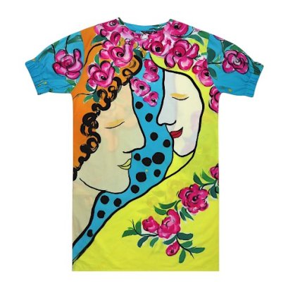 เดรสผู้หญิงทรงหลวมแขนยางยืด - สีฟ้า : ลายคู่ที่น่ารัก