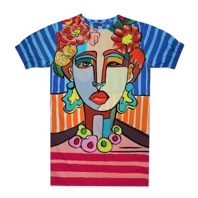 เดรสผู้หญิงทรงหลวมแขนยางยืด - สีฟ้า : ลายฟรีดา คาห์โล สวมมงกุฎดอกไม้และสร้อยคออัญมณีหลากสีบนพื้นหลังลายทางสีน้ำเงินและส้ม