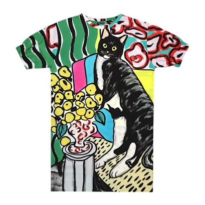 เดรสผู้หญิงทรงหลวมแขนยางยืด - สีเขียว : ลายแมวดำนอนหงายและเพลิดเพลินกับการเล่นบนโต๊ะในสวนดอกไม้