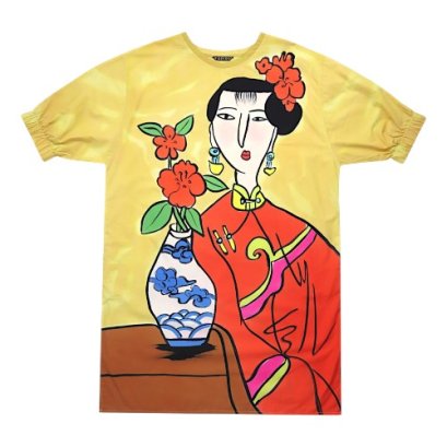 เดรสผู้หญิงทรงหลวมแขนยางยืด - สีครีม : ลายหญิงงามข้างแจกันลวดลายเมฆคราม