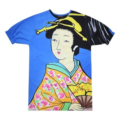 เดรสผู้หญิงทรงหลวมแขนยางยืด - สีน้ำเงิน : ลายหญิงงามในกิโมโนลายดอกไม้บาน