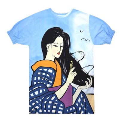 เดรสผู้หญิงทรงหลวมแขนยางยืด - สีฟ้า : ลายหญิงงามยามเช้าอันสงบเงียบ