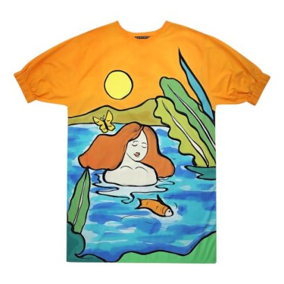 เดรสผู้หญิงทรงหลวมแขนยางยืด - สีส้ม : ลายหญิงงามในสระน้ำแห่งความสงบ