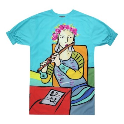 เดรสผู้หญิงทรงหลวมแขนยางยืด - สีฟ้า : ลายหญิงงามกับมงกุฎกุหลาบและเสียงขลุ่ย