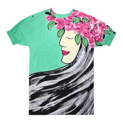 เดรสผู้หญิงทรงหลวมแขนยางยืด - สีเขียว : ลายหญิงงามในพริ้มพรายแห่งมวลดอกไม้