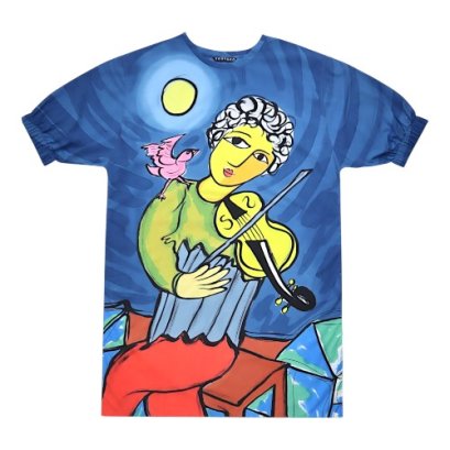 เดรสผู้หญิงทรงหลวมแขนยางยืด - สีน้ำเงิน : ลายชายหนุ่มกับบทเพลงใต้แสงจันทร์