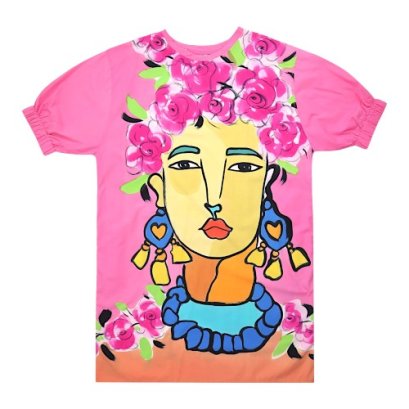 เดรสผู้หญิงทรงหลวมแขนยางยืด - สีชมพู : ลายฟริด้าในยามเบ่งบาน