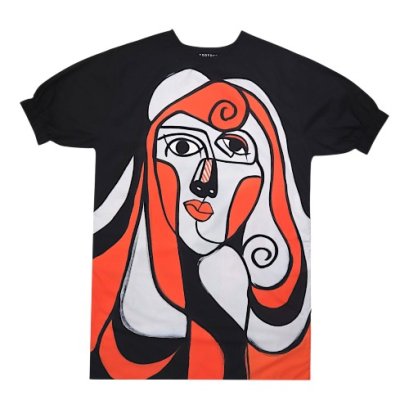 เดรสผู้หญิงทรงหลวมแขนยางยืด - สีดำ : ลายหญิงงามนามนามธรรมในเกลียวคลื่นสีชาด