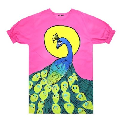 เดรสผู้หญิงทรงหลวมแขนยางยืด - สีชมพู : ลายนกยูงใต้ตะวันสีชมพู