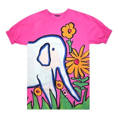 เดรสผู้หญิงทรงหลวมแขนยางยืด - สีชมพู : ลายช้างเผือกกลางสวนผลิบาน