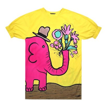 เดรสผู้หญิงทรงหลวมแขนยางยืด - สีเหลือง : ลายช้างชมพูกับช่อดอกไม้