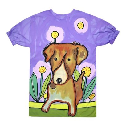 เดรสผู้หญิงทรงหลวมแขนยางยืด - สีม่วง : ลายสุนัขในสวนเหนือฝันสีม่วง