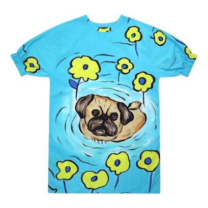 เดรสผู้หญิงทรงหลวมแขนยางยืด - สีฟ้า : ลายบึงสีฟ้ากับหมาน้อย