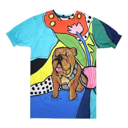 เดรสผู้หญิงทรงหลวมแขนยางยืด - สีฟ้า : ลายบูลด็อกในแดนสวรรค์แห่งสีสัน