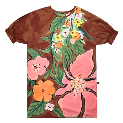 เดรสผู้หญิงทรงหลวมแขนยางยืด - สีน้ำตาล : ลายมนต์เสน่ห์จากดอกไม้