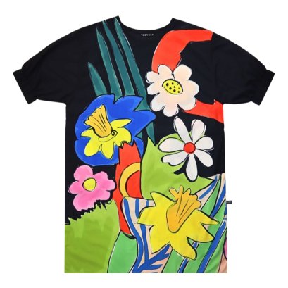 เดรสผู้หญิงทรงหลวมแขนยางยืด - สีดำ : ลายแดฟโฟดิลระบำกลางราตรีมืด