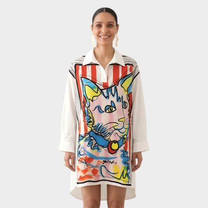 Woman Casual Shirts Long Sleeve - White : Playful Cat