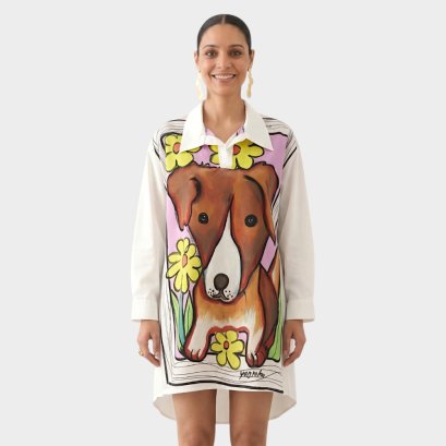Woman Casual Shirts Long Sleeve - White : Happy Pup