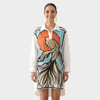 Woman Casual Shirts Long Sleeve - White : Flowing Goldfish