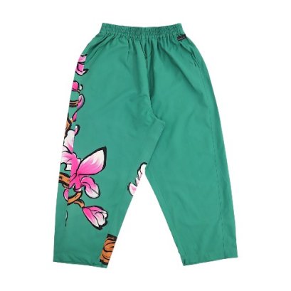 กางเกงทรงหลวมผู้หญิง - สีเขียว : ลายดอกพลัมเมเรียสีชมพู