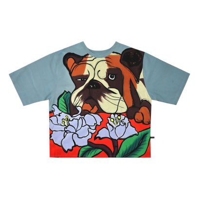 เสื้อตัวหลวม - สีเทา : ลายบูลด็อกกลางดอกไม้