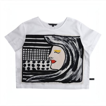 เสื้อครอปผู้หญิง - สีขาว : ลายหญิงสาวในลายเส้นขาวดำ