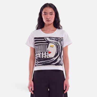 Woman Crop Blouse - White : Linework Lady in Monochrome