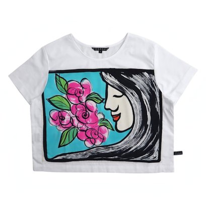 เสื้อครอปผู้หญิง - สีขาว : ลายรอยยิ้มพฤกษา