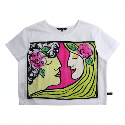 เสื้อครอปผู้หญิง - สีขาว : ลายคู่ที่น่ารัก