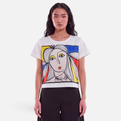 Woman Crop Blouse - White : Linework Lady with Primary Power