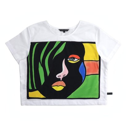 เสื้อครอปผู้หญิง - สีขาว : ลายหน้ากากแห่งอารมณ์