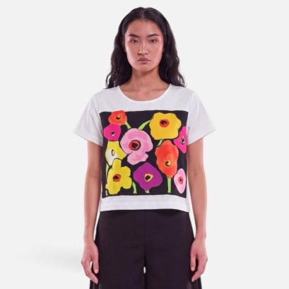 Woman Crop Blouse - White : Floral Revelry in the Nocturne