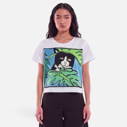 Woman Crop Blouse - White : Tuxedo Camouflage in Monstera Leaf