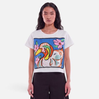 Woman Crop Blouse - White : Mandarin Duck Chromatic Waltz