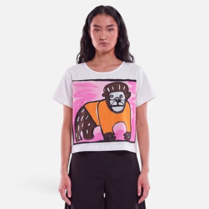 เสื้อครอปผู้หญิง - สีขาว : ลายเสน่ห์กอริลลาเสื้อส้ม