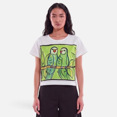 เสื้อครอปผู้หญิง - สีขาว : ลายนกแก้วคู่รักในพงไพร