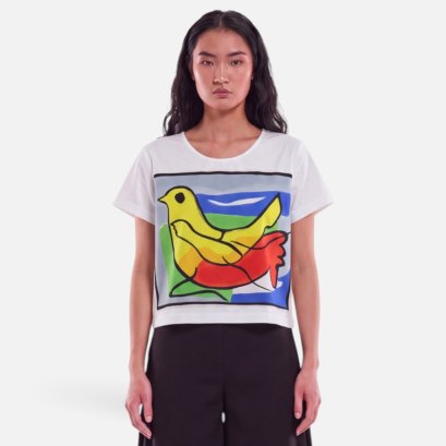 เสื้อครอปผู้หญิง - สีขาว : ลายวิหคอิสระและจังหวะสี