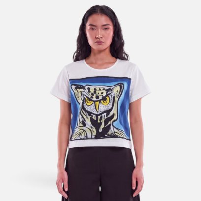 เสื้อครอปผู้หญิง - สีขาว : ลายปัญญาแห่งนกฮูกตาสีทอง