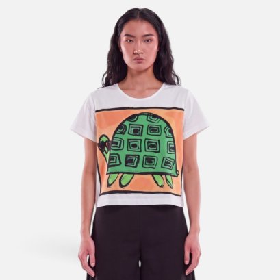 เสื้อครอปผู้หญิง - สีขาว : ลายเต่าซ่าแว่นหัวใจ