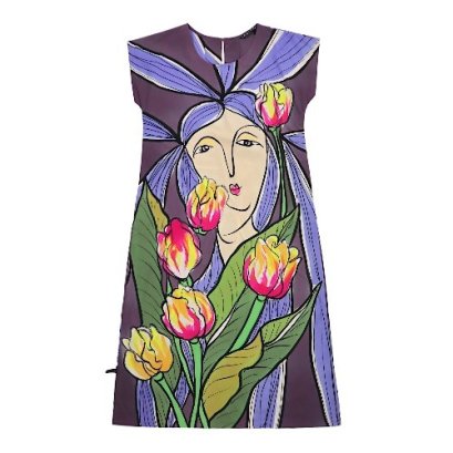 Woman Sleeve Casual Dress - Purple : Purple-haired woman admiring a beautiful field of tulips