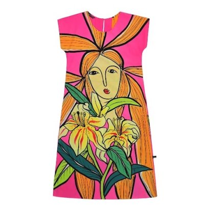 Woman Sleeve Casual Dress - Pink : Orange-haired woman with bright yellow lilies