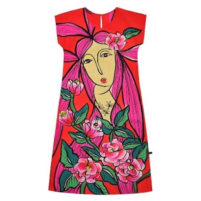 Woman Sleeve Casual Dress - Red : Chic pink haired woman in the rose garden