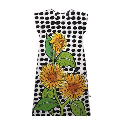 เดรสผู้หญิงมีแขน - สีขาว : ลายทานตะวันบนลายจุด