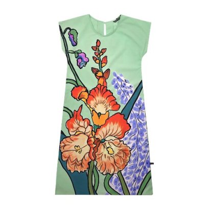 เดรสผู้หญิงมีแขน - สีเขียว : ลายอ้อมกอดของกล้วยไม้