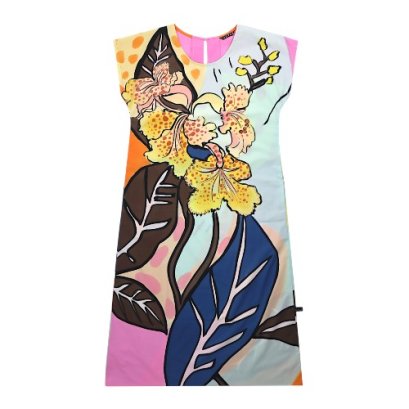 เดรสผู้หญิงมีแขน - สีชมพู : ลายกล้วยไม้ในแสงแฟนซี