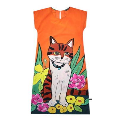 Woman Sleeve Casual Dress - Orange : Tabby Cat & Tropical Garden