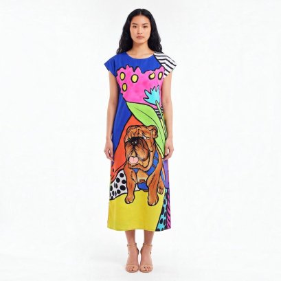Woman Sleeve Casual Dress - Blue : Bulldog in Pop Paradise