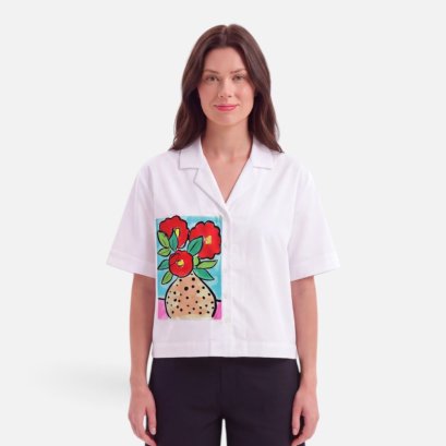 Woman Crop Shirts - White : Red Flowers in Polka Dot Vase
